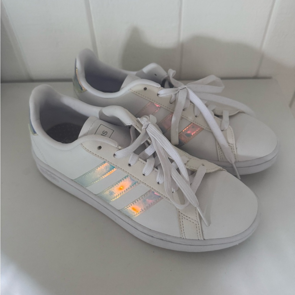 Adidas White Sneakers with Iridescent Stripes